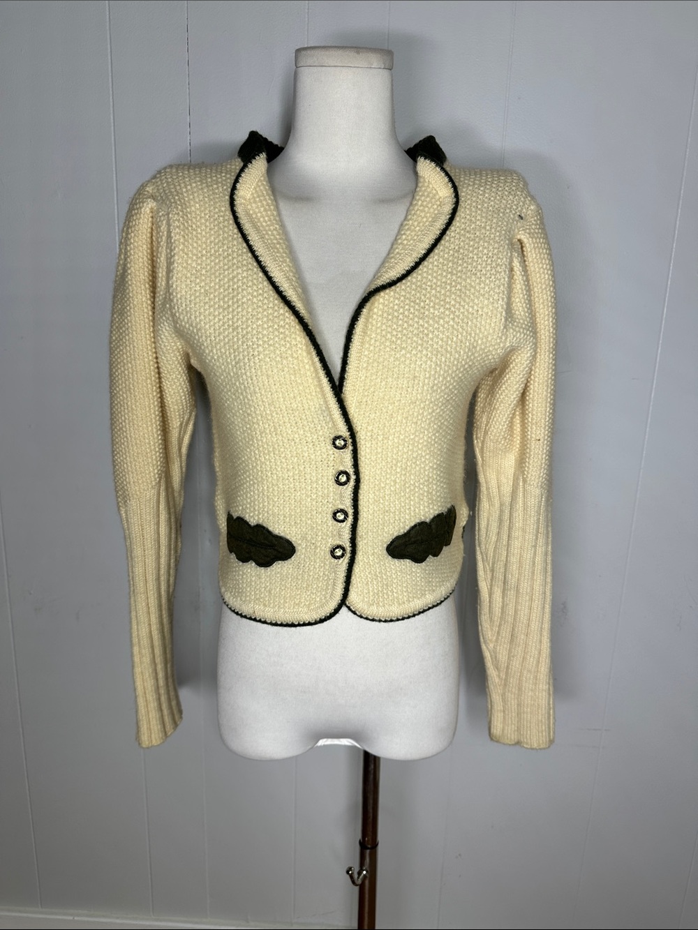 Vintage 80s Does 40s Folk Mutton Sleeve New Wool Cardigan Sweater Austrian Made